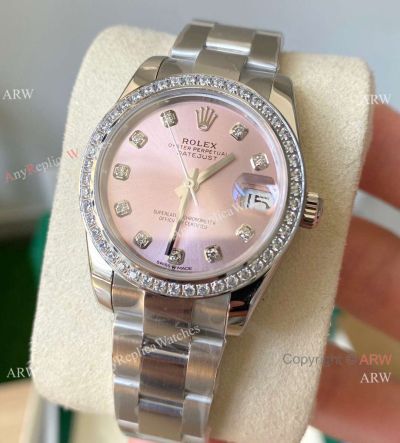 Swiss Copy Rolex 31mm Datejust Diamonds Bezel Pink Dial Oyster Bracelet